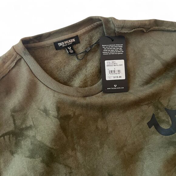 True Religion Embossed Sweatshirt Men's L  Kalamata Green Camo MSRP$119 NEW - Picture 1 of 9